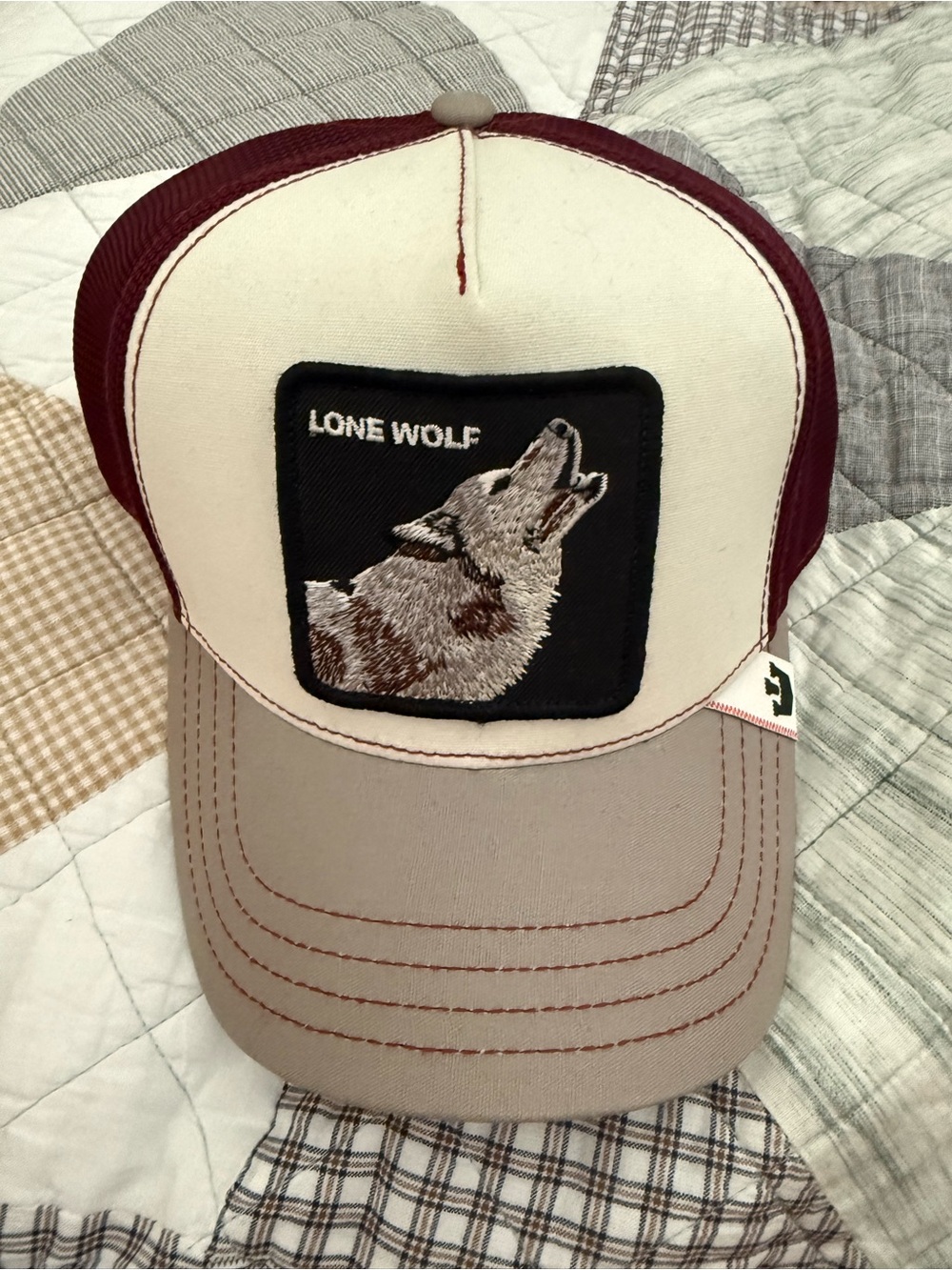 Goorin Bros Lone Wolf Trucker Hat in Burgundy, Cream, Taupe